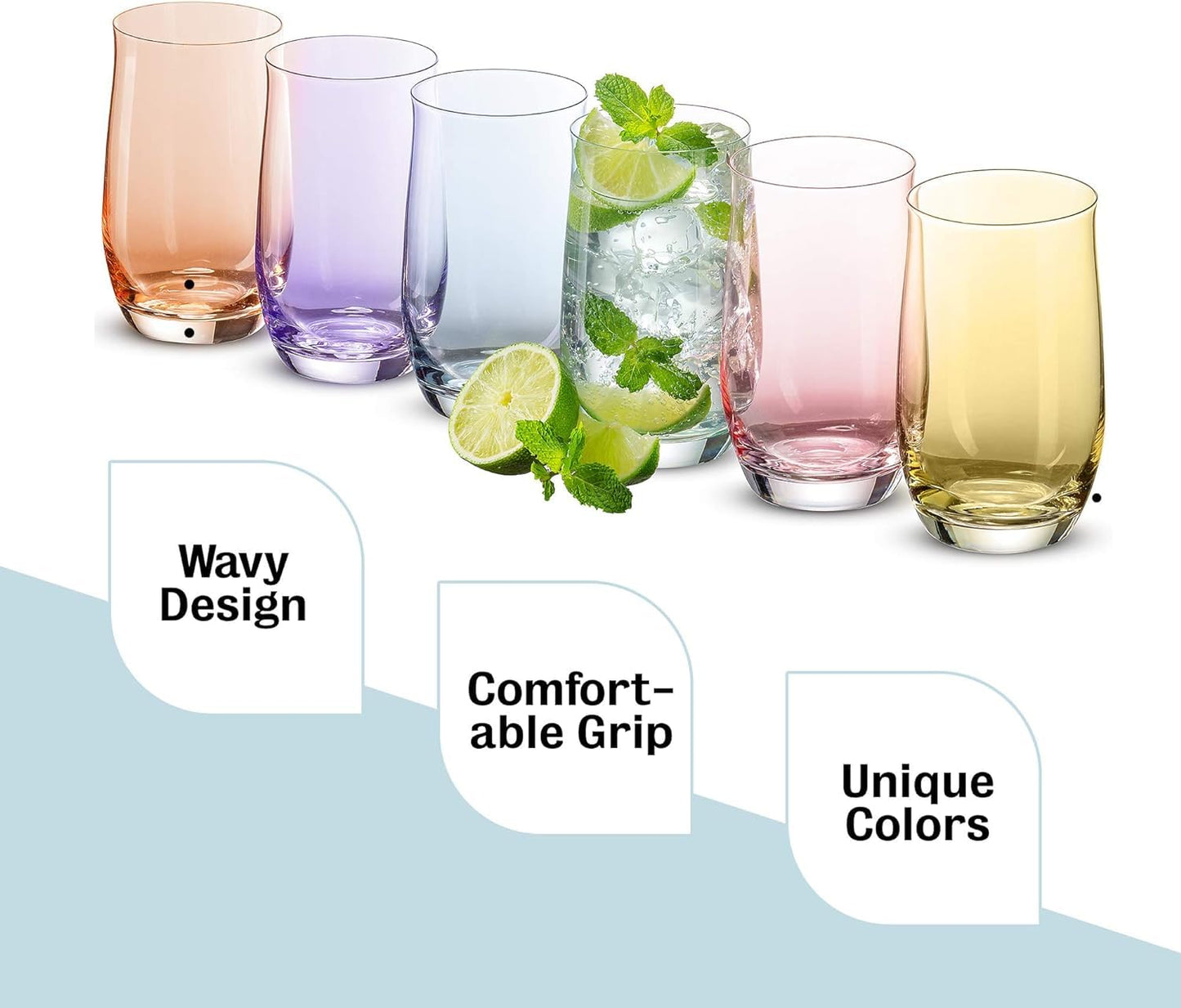 BENETI Premium Glass Cups, Highball Drinking Glasses Set of 6 | Made in Europe Water and Juice Kitchen Glassware | Colored Glasses Set, Perfect for Party's and Gifts for Men and Women of All Ages