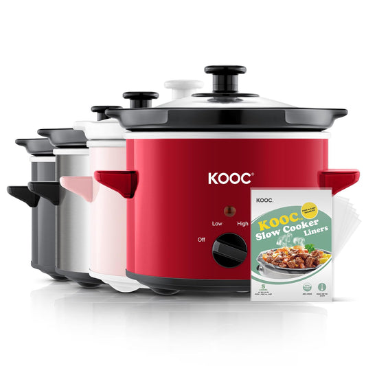 KOOC Small Slow Cooker, 2-Quart, Free Liners Included for Easy Clean-up, Upgraded Ceramic Pot, Adjustable Temp, Nutrient Loss Reduction, Stainless Steel, Red, Round