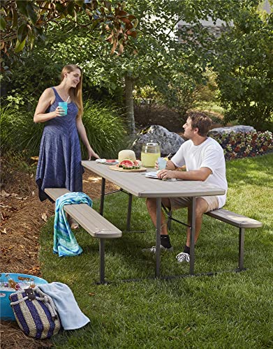 COSCO Outdoor Living 6 ft. Folding Picnic Table, Taupe Wood Grain with Brown Legs