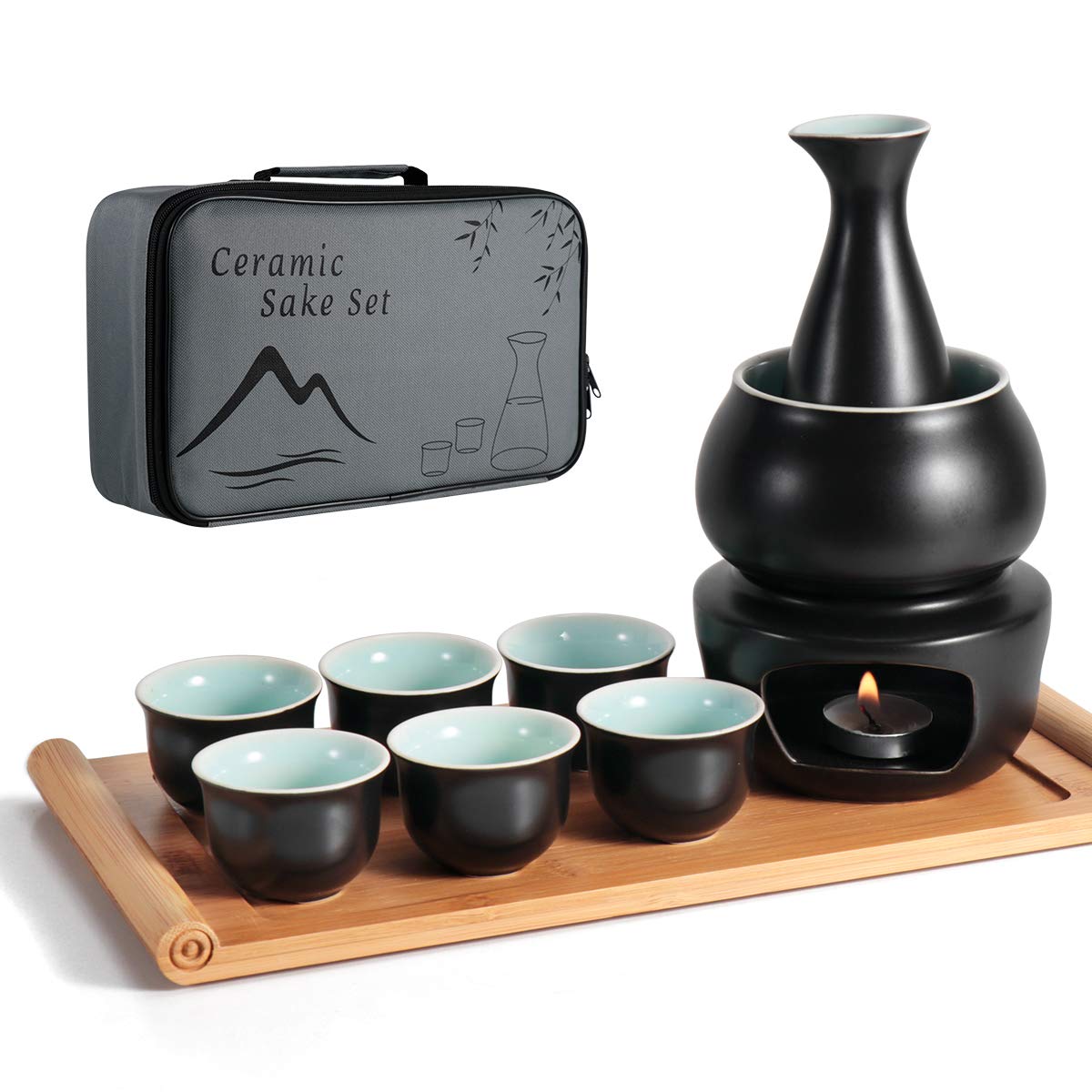 Dltsli Ceramic Sake Set with Warmer Pot Tray, Stovetop Porcelain Pottery Hot Saki Drink Bottle, 10pcs Set 1 Stove 1 Warming Bowl 1 Sake Bottle 1 Tray 6 Cup Keep Sake Storage Box (Black)