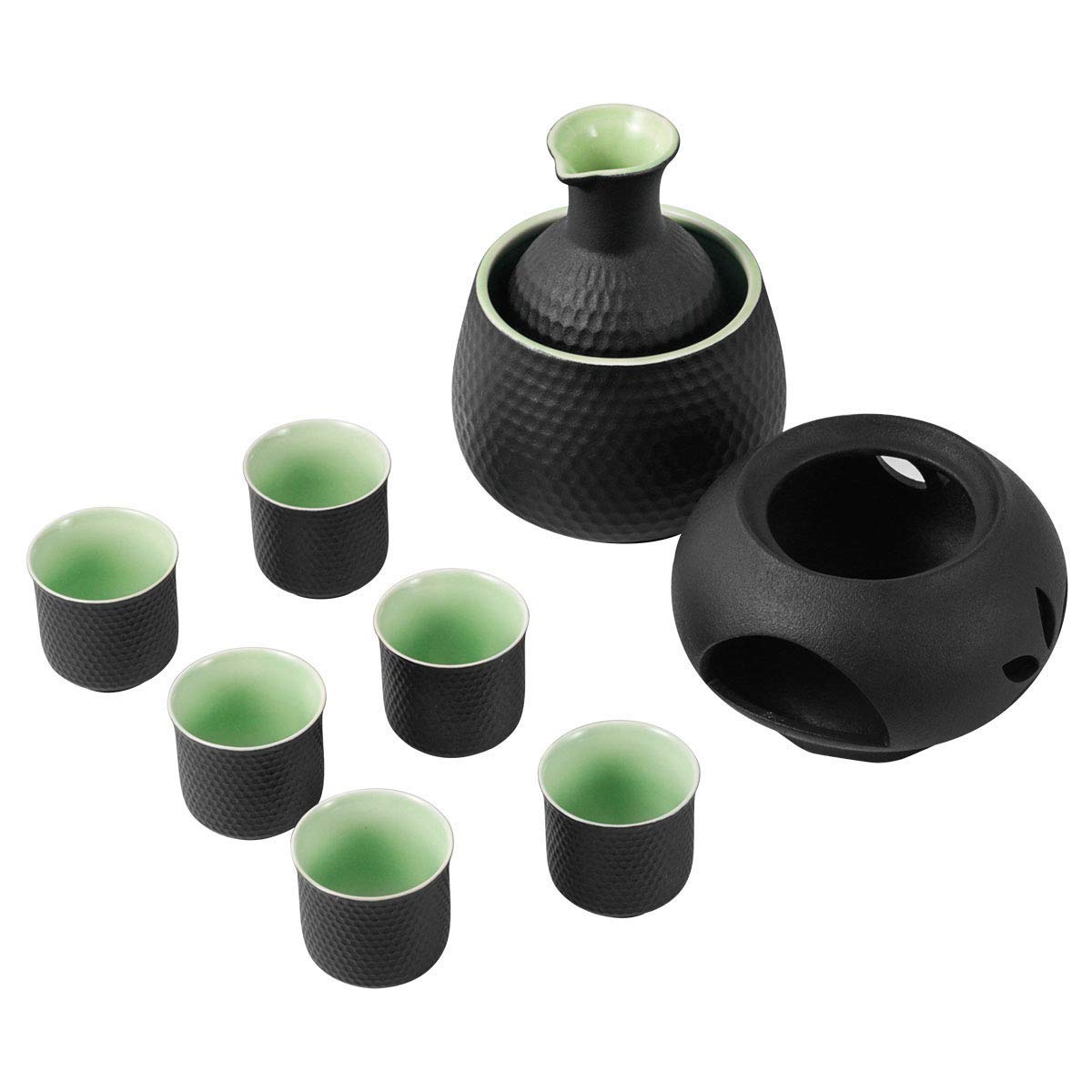 Ceramic Sake Set Cups with Warmer Keep Sake Storage Box, Traditional Porcelain Pottery Hot Saki Drink, 9pcs include 1 Stove 1 Warming Bowl 1 200ml Sake Bottle 6 Cup