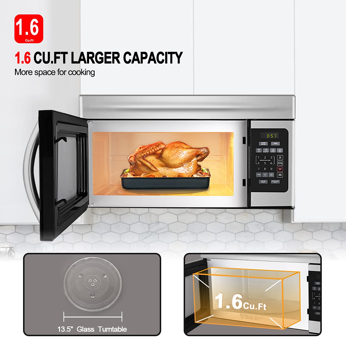 30 Inch Over-the-Range Microwave Oven, GASLAND Chef OTR1603S Over The Stove Microwave Oven with 1.6 Cu. Ft. Capacity, 1000 Watts, 300 CFM in Stainless Steel, 13" Glass Turntable, 120V, Easy Clean