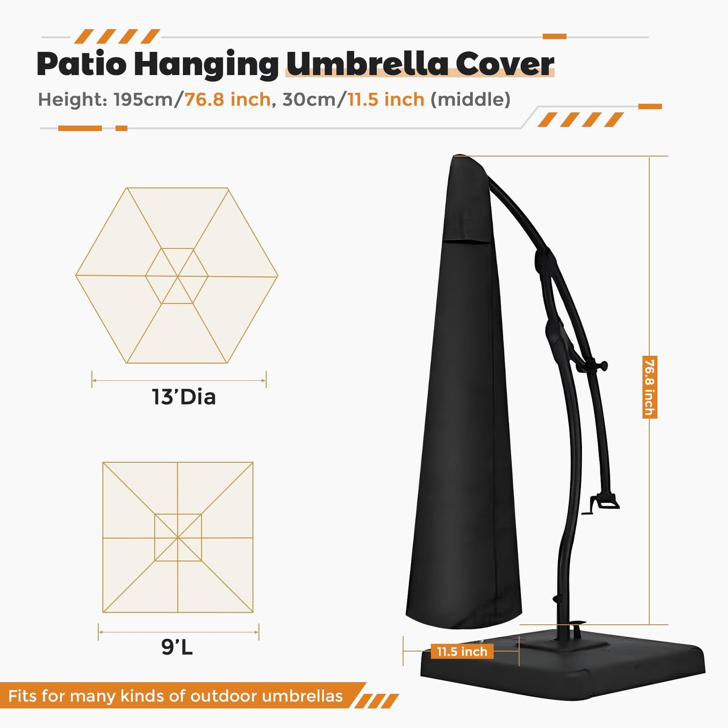 Uthem Patio Umbrella Parasol Cover - 600D Waterproof Outdoor Style Umbrella Cover - Fits Patio Offset Cantilever Umbrella 9-13 Ft, Black Umbrella Cover