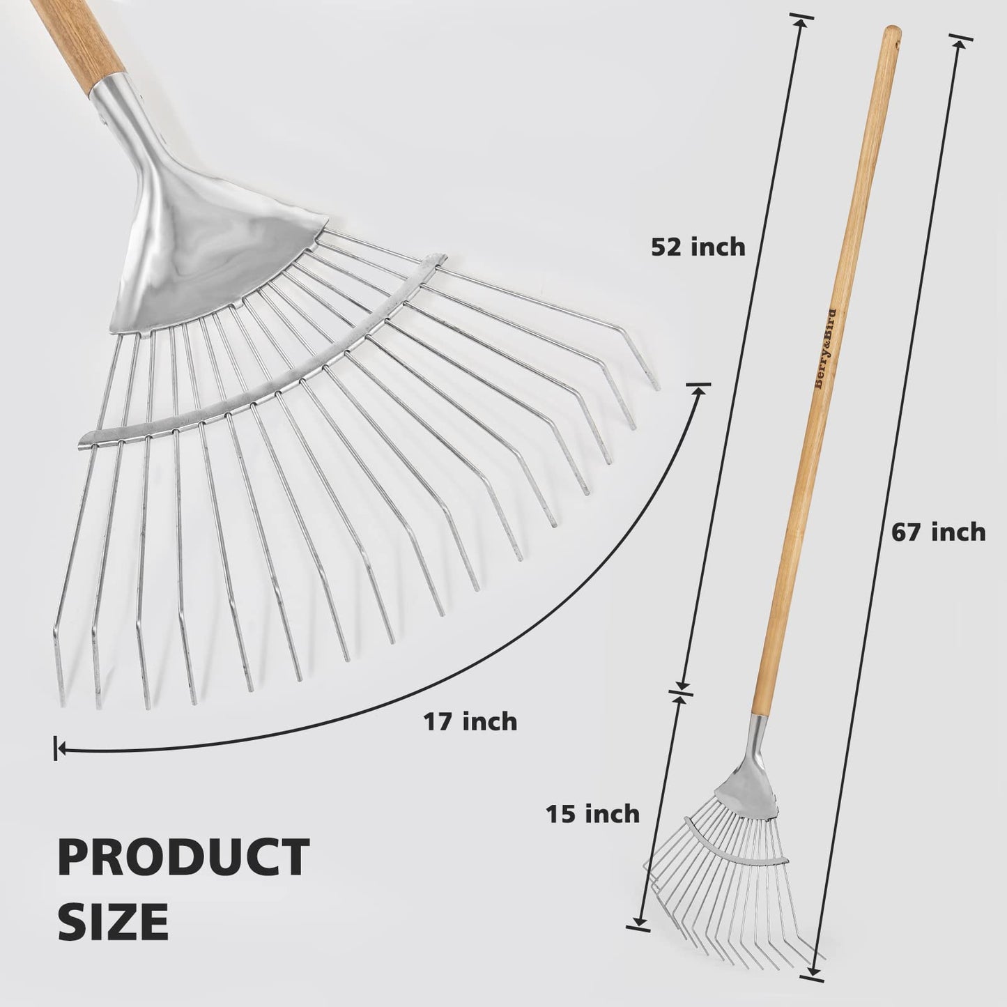 67" Long Handle Leaf Rake, Berry&Bird 16 Tines Garden Rake for Leaves, Heavy Duty Stainless Steel Shrub Rake, 17" Wide Leaves Rake with Wooden Handle for Garden, Lawn, Yard, Flowers Beds, Roof, Bushes