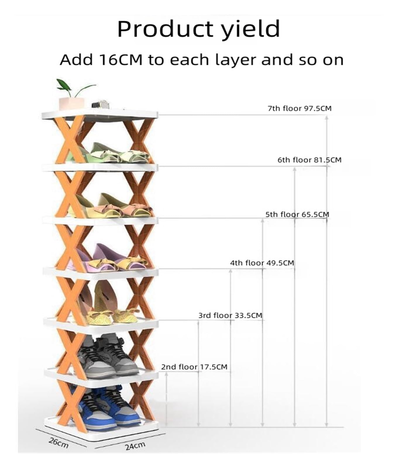 Mingchang Tall Narrow Shoe Rack For Entrywa, A Space Saving DIY Entrance, Closet, Corridor Free Standing Shoe Storage Device, Foldable Shoe Rack Organizer(Orange,Seven layers)