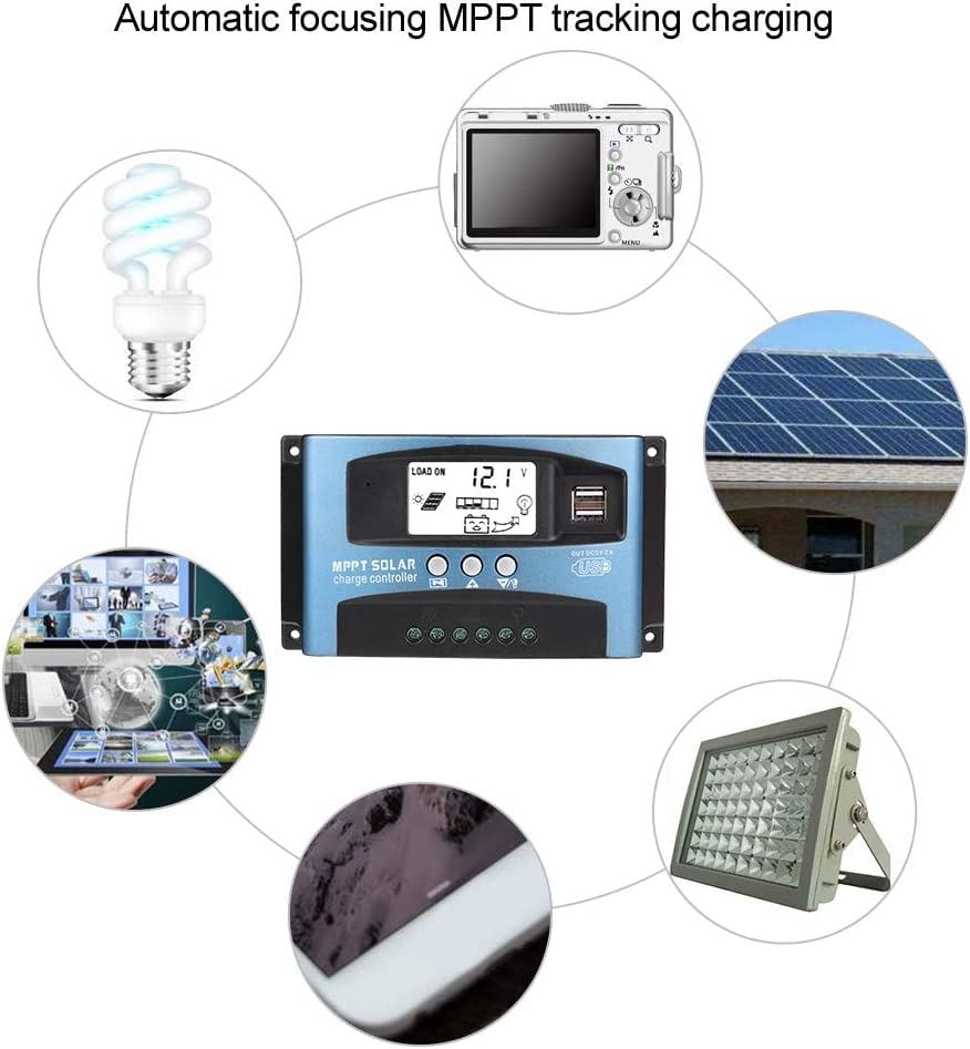 100A MPPT Solar Charge Controller 12v/24v Current Auto Focus MPPT Tracking Charge with LCD Display Dual USB Solar Regulator Charge Controller Multiple Load Control Modes