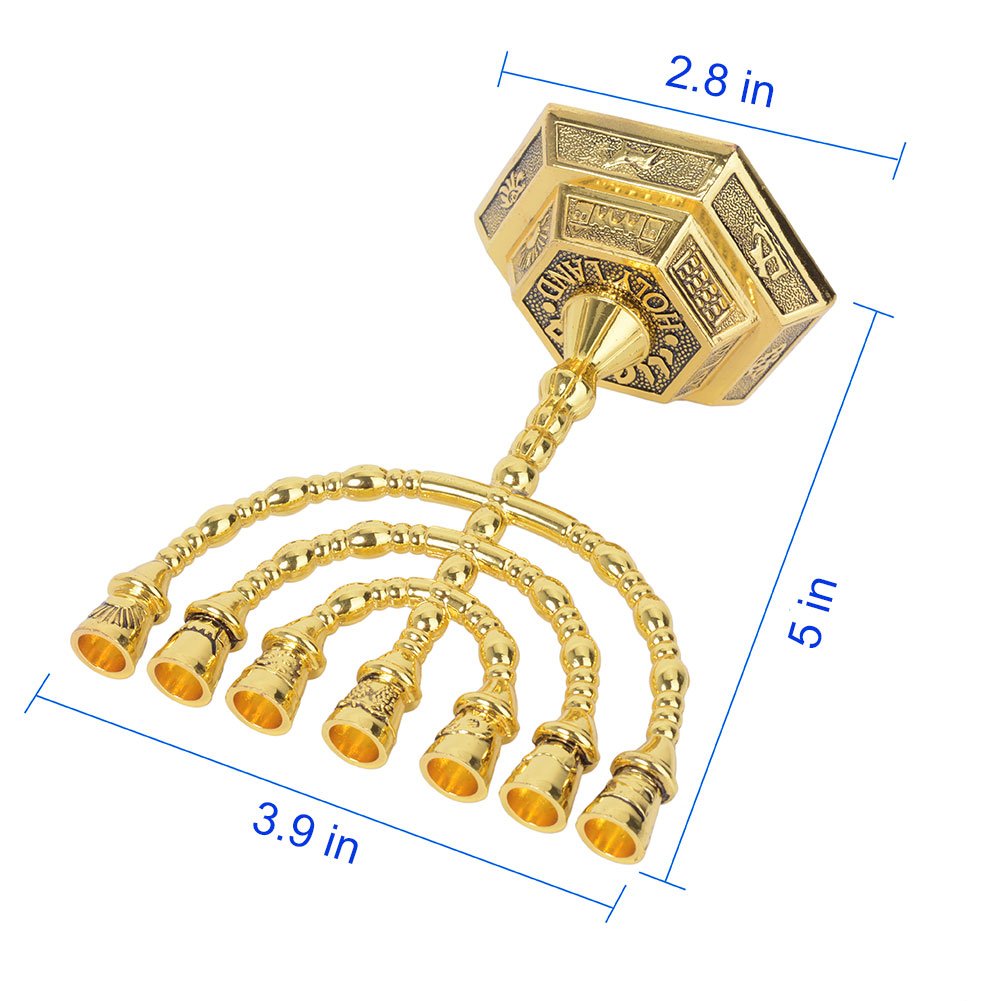 12 Tribes of Israel Menorah, Jerusalem Temple 7 Branch Jewish Candle Holder (5 Inches, Gold)