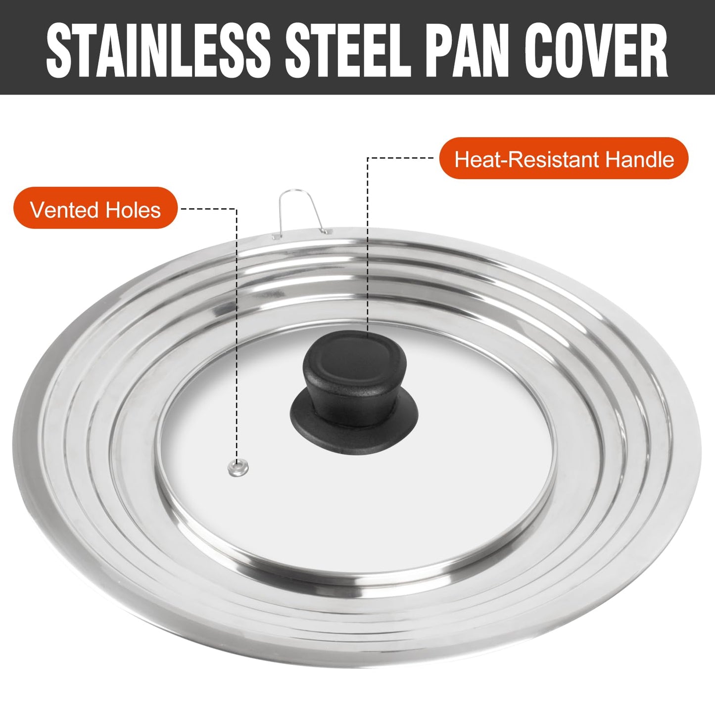 Universal Lid for Pots and Pans Skillets, Stainless Steel Pan Cover Fits 6-7-8 Inch Cookware, Large Replacement Frying Pan Cover, Cast Iron Skillet Pot Lids with Heat Resistant Knob