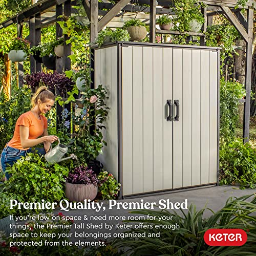 Keter Premier Tall 4.6 x 5.6 ft. Resin Outdoor Storage Shed with Shelving Brackets for Patio Furniture, Pool Accessories, and Bikes, Grey & Black