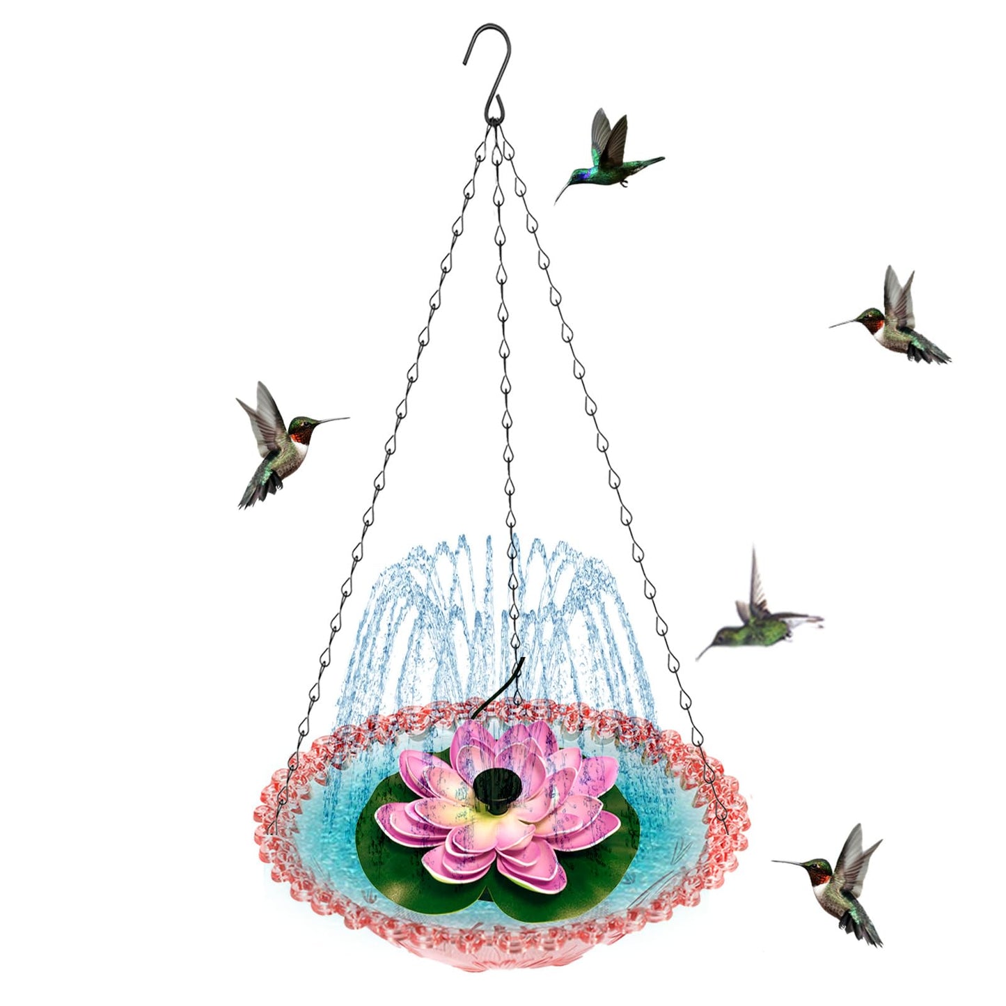 Hanging Bird Bath - Bird Bath Bowl with Solar Fountain Pump - Deck Mount Metal Bird Bath Bowl Powered by Water Fountain Pump for Outdoor Garden - Solar Powered Bird Bath Fountain (Pink)