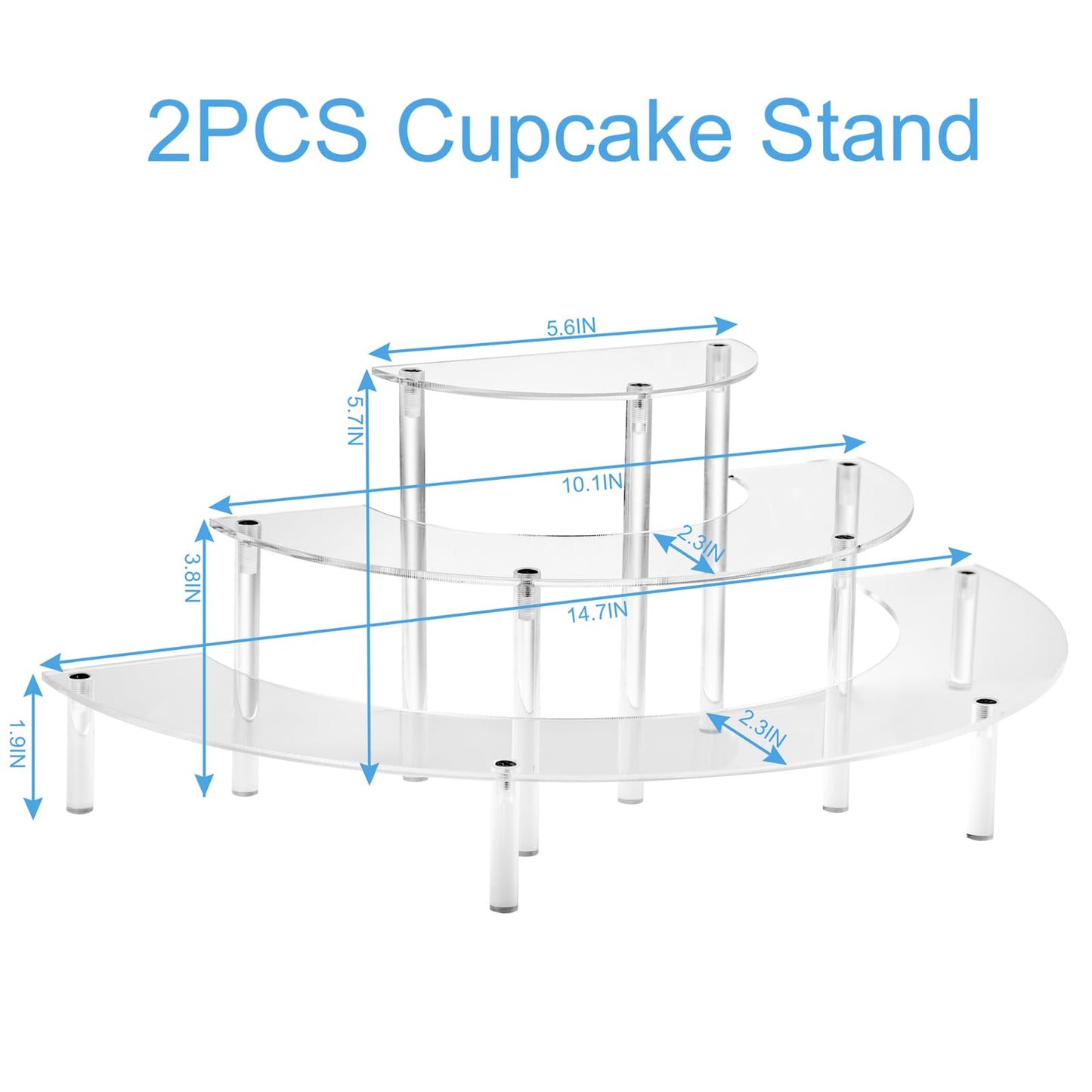 2PACKS Acrylic Display Risers, 3 Tier Clear Cupcake Stand Risers, Perfume Stand Organizer, Half Moon Dessert Stand, HENABLE Shelf Risers for Display Stands for Food, Amiibo Funko POP Figure (2half