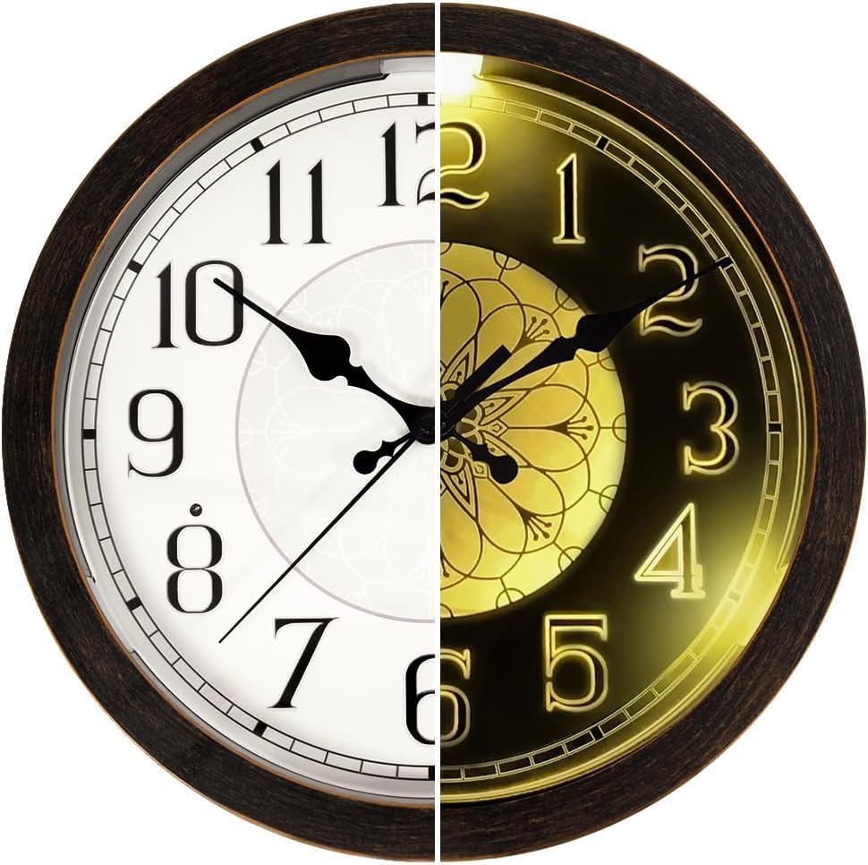 LOMANDA Illuminated Wall Clock, 13 Inch Silent Non Ticking Adjustable Brightness Battery Operated Clock, Lighted Wall Clocks for Living Room Bedroom Home Office