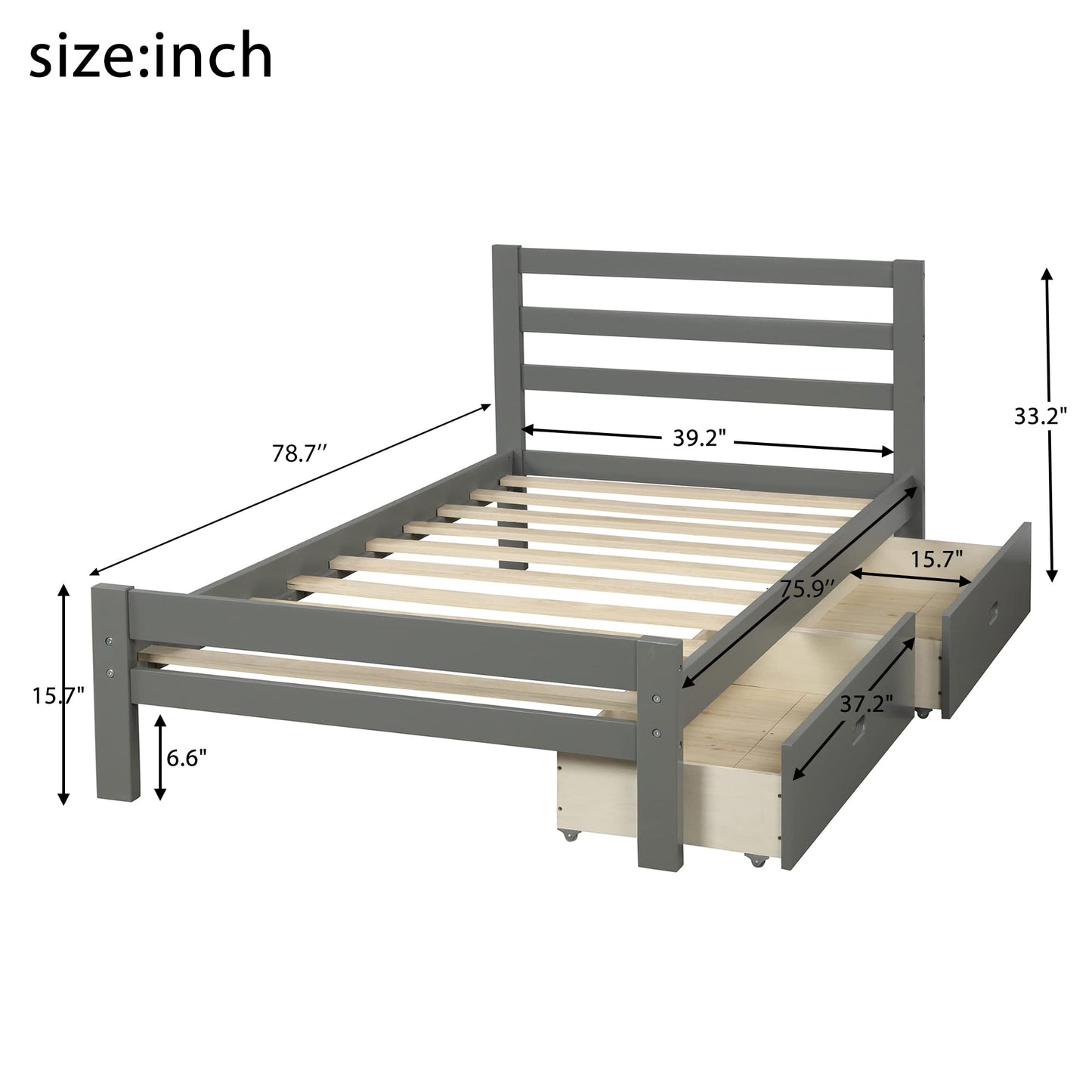 Polibi Twin Size Platform Bed with Two Storage Drawers, Wooden Platform Bed with Headboard and Footboard, Grey