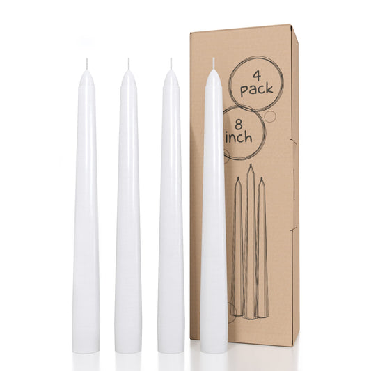 CANDWAX White Taper Candles 8 inch Dripless - Set of 4 Tapered Candles Ideal as Dinner Candles - Smokeless and Unscented Taper Candles Long Burning - Hand Poured Tall Candlesticks