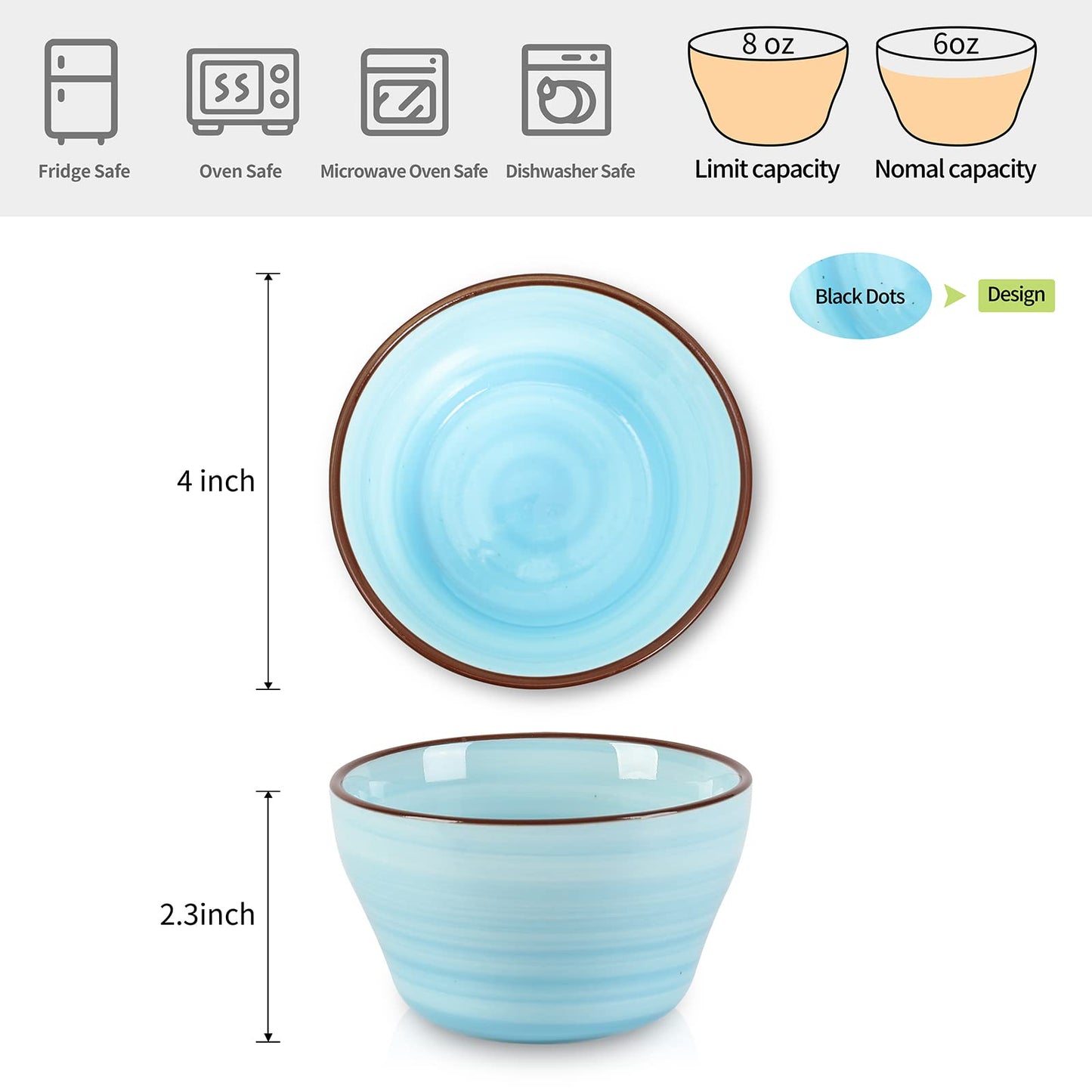 Selamica Ceramic 8oz Bouillon Cups 4 Inch Small Dessert Bowls for Soup Dipping Sauce Coffee Cupping, Microwave Dishwasher Safe, Set of 6, Gradient Blue