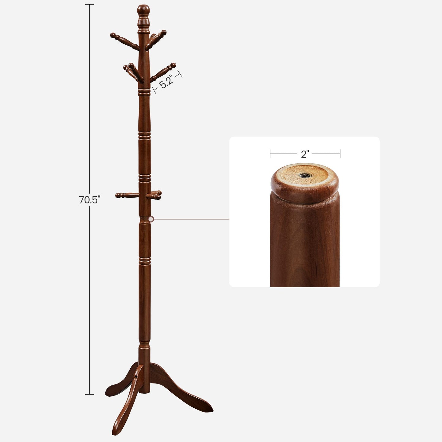 VASAGLE Solid Wood Coat Rack and Stand, Free Standing Hall Coat Tree with 10 Hooks for Hats, Bags, Purses, for Entryway, Hallway, Rubberwood, Dark Walnut URCR03WN