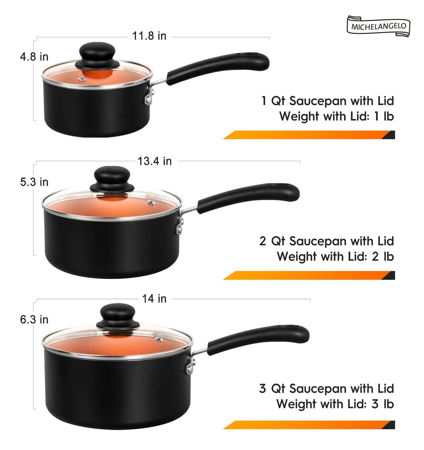 MICHELANGELO Nonstick Sauce Pan With Lid, 1QT&2QT&3QT Ceramic Saucepan, Copper Saucepans,PFAS-FREE Pot Set,Small Pots For Cooking,Multipurpose Cooking Pots Set For Home Kitchen,Dishwasher Safe