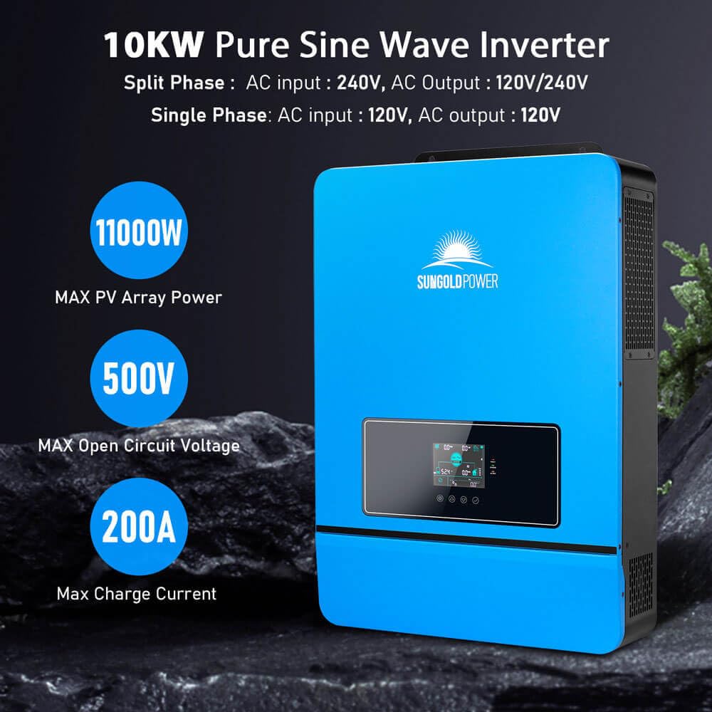 SUNGOLDPOWER 10000W 48V Hybrid Inverter, Built-in 2 MPPT Solar Controllers, Max 200A Battery Charging, AC Input/Output 120V/240V(settable),Pure Sine Wave Inverter(Parallel/WiFi/BMS COMM) UL1741