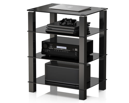 FITUEYES 4-Tier Media Stand Audio/Video Component Cabinet with Glass Shelf for/Apple Tv/Xbox One/ps4 AS406002GB