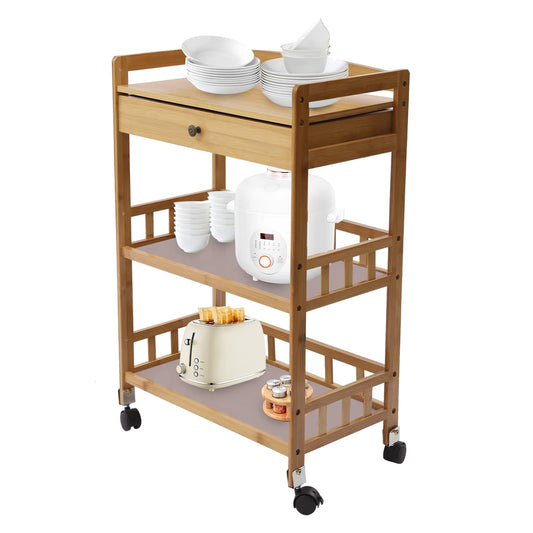 3-Tier Serving Cart with Drawer, Bamboo Kitchen Storage Rack, Bar Cart Dining Car Rolling Utility Cart for Restaurant, Home, Beauty Salon