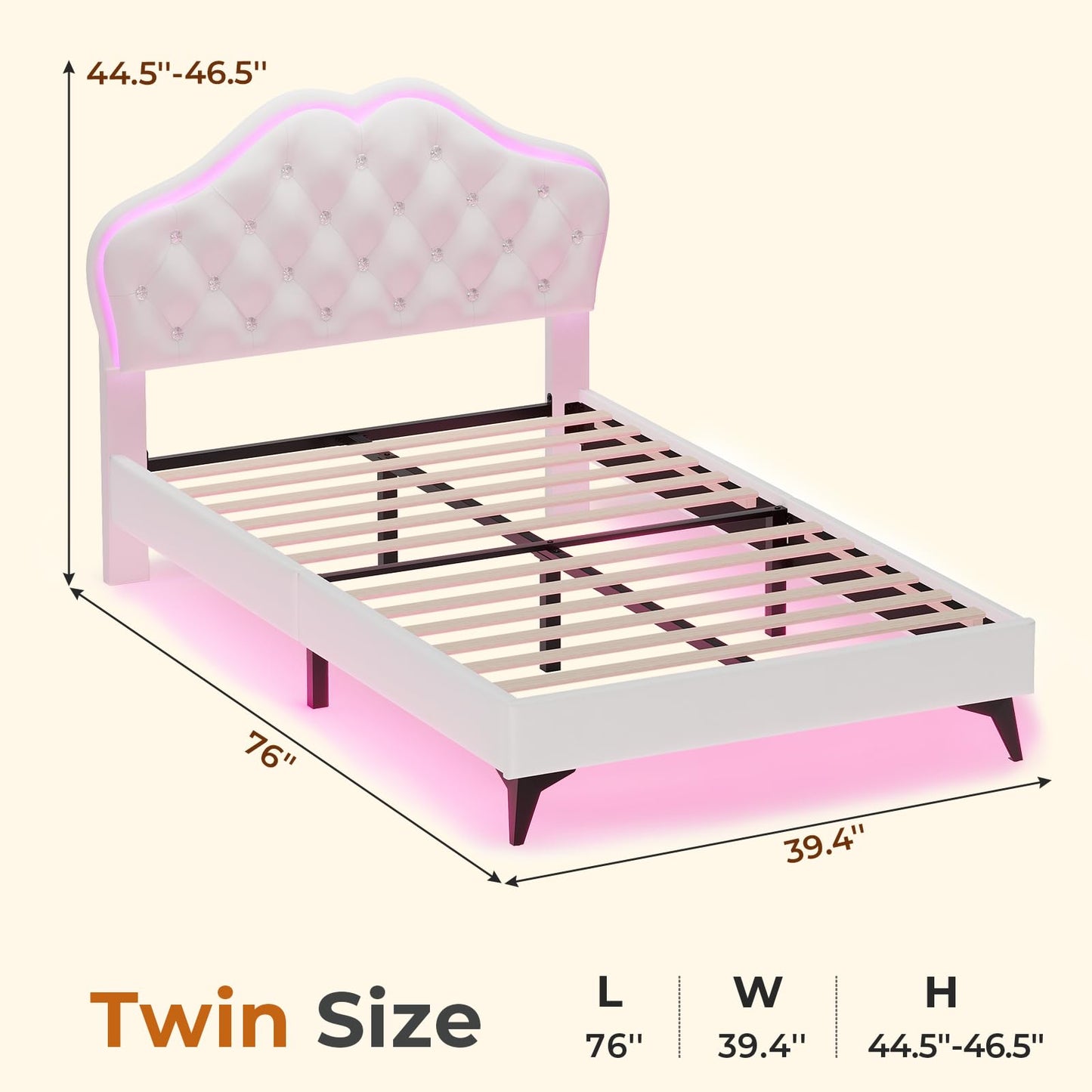 ADORNEVE Twin Bed Frame with RGB LED Lights, Princess Bed Frame with Adjustable Crystal Button Headboard, Velet Upholstered Platform Bed for Girls, Solid Wooden Slats, Easy Assembly, Creamy White