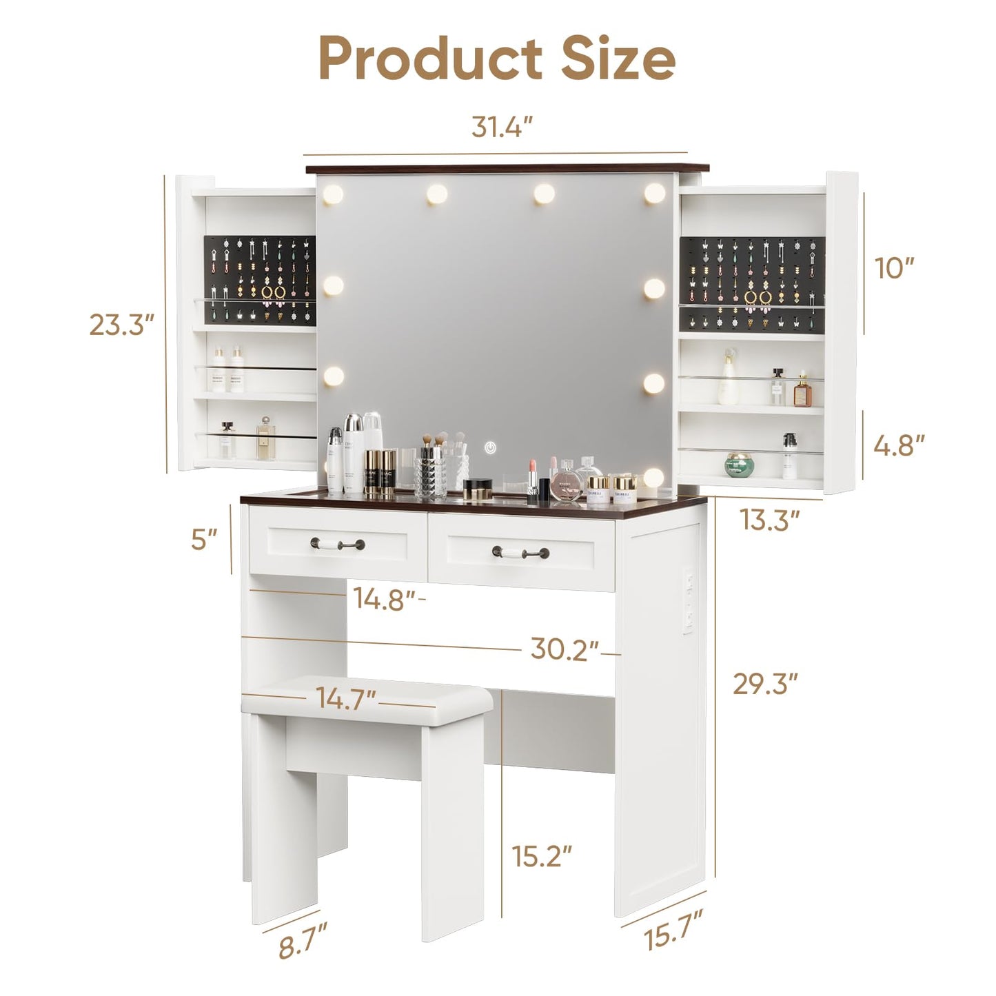 Small Farmhouse Vanity Desk with Jewelry Storage and Glass Top, White Makeup Vanity with Mirror and Lights, Compact Vanity with Chair, Charging Station for Bedroom