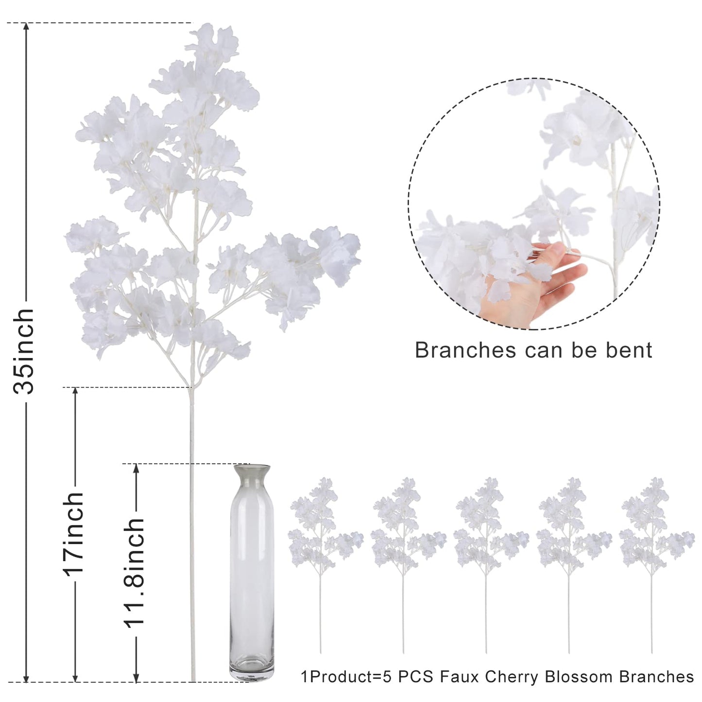 Pusuny Artificial Faux Cherry Blossom Branches Decor, 35 Inch for Tall Floor Vase Used as Wedding Home Decoration, Fake White Flowers for Dinner Table Centrepiece, White, 5PCS