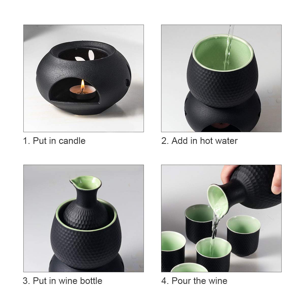 Ceramic Sake Set Cups with Warmer Keep Sake Storage Box, Traditional Porcelain Pottery Hot Saki Drink, 9pcs include 1 Stove 1 Warming Bowl 1 200ml Sake Bottle 6 Cup