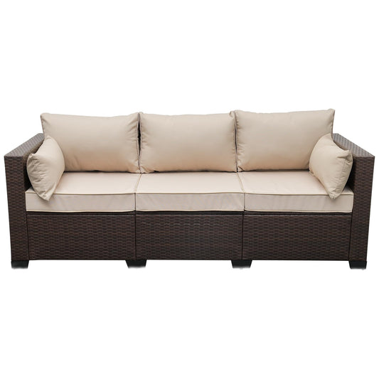 WAROOM Patio Couch PE Wicker 3-Seat Outdoor Brown Rattan Sofa Deep Seating Furniture with Non-Slip Beige Cushion