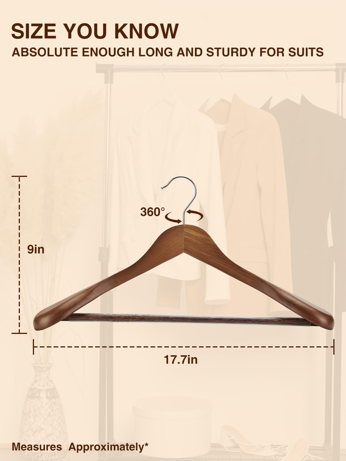 SMARTOR Suit Hangers for Men, 8 Pack - Wide Shoulder Wooden Suit Hangers with Non Slip Pants Holder, Wide Hangers for Suit, Coat, Jacket, Gown, Heavy Duty Wood Suit Hanger - Walnut