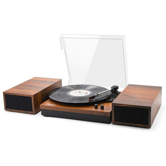 LP&No.1 Wireless Vintage Record Player with Dual External Speakers,Wireless Turntable with RCA Output & Wireless Input,Mahogany Brown Wood