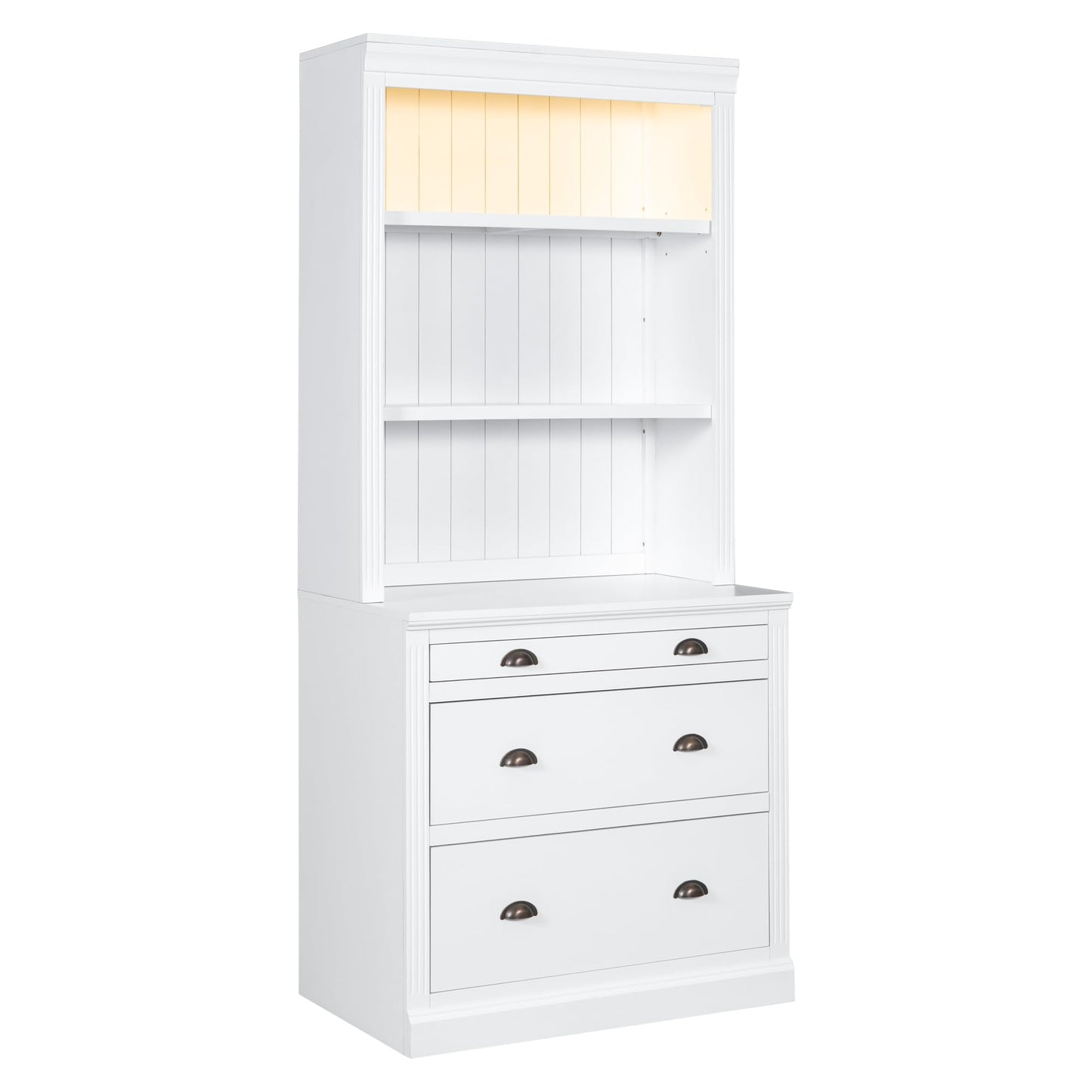 Merax 83.4" Tall Storage Bookshelf&Writting Desk Suite with LED Lighting,Drawers,Open Shelves,2-Piece Set for Living Room,White