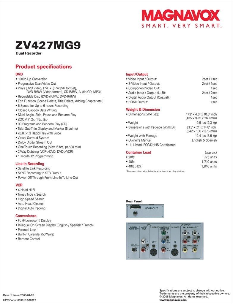 Magnavox ZV427MG9 DVD Recorder/VCR Combo, HDMI 1080p Up-Conversion, No Tuner