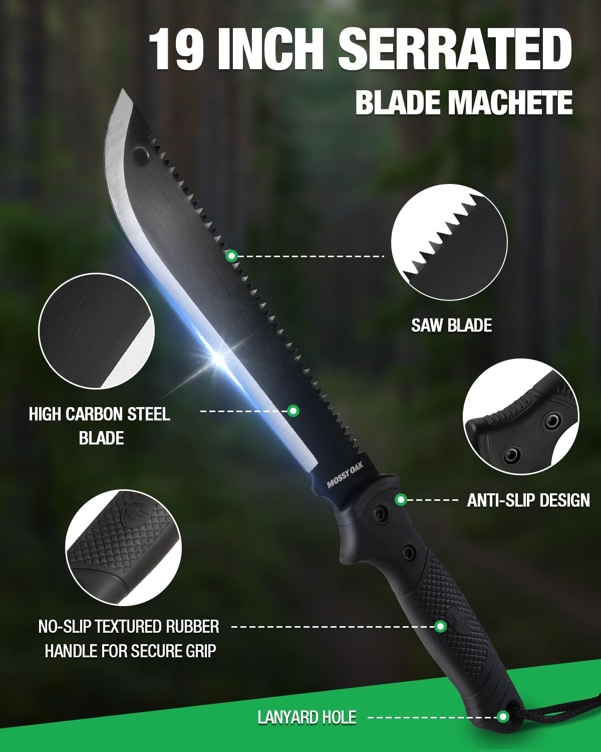 Mossy Oak Machete with Saw, 19" Sharp Machete with Sheath, Ergonomic No-Slip Handle, Machetes for Bushcraft, Outdoor Hunting, Garden Cutting Trees and Yard Work