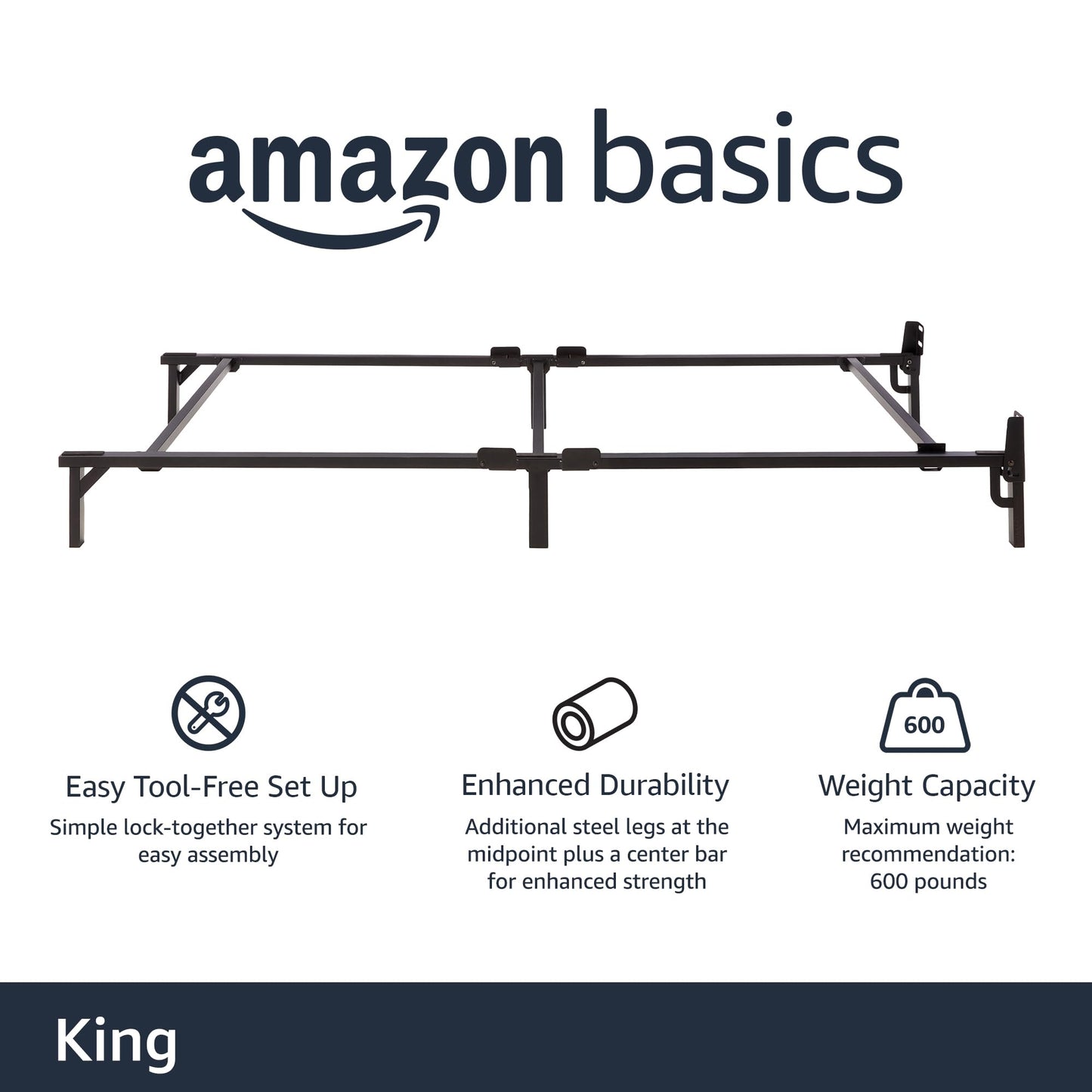 Amazon Basics Metal Bed Frame, 9-Leg Base for Box Spring and Mattress, King, Tool-Free Easy Assembly, Black, 79.5" L x 76" W x 7" H