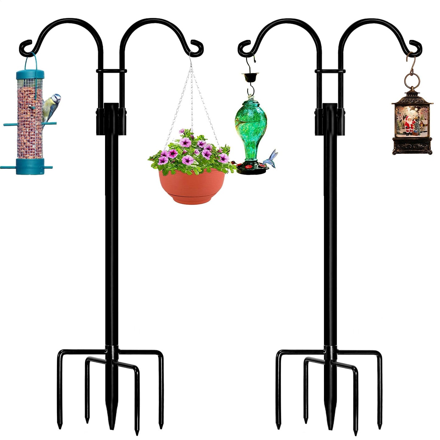 STAUKOK Double Shepherds Hooks for Outdoor, 2 Pack 76 Inch Bird Feeder Pole with 5 Prongs Base, Heavy Duty Garden Hook for Hanging Plant, Lantern, Hummingbird Feeder