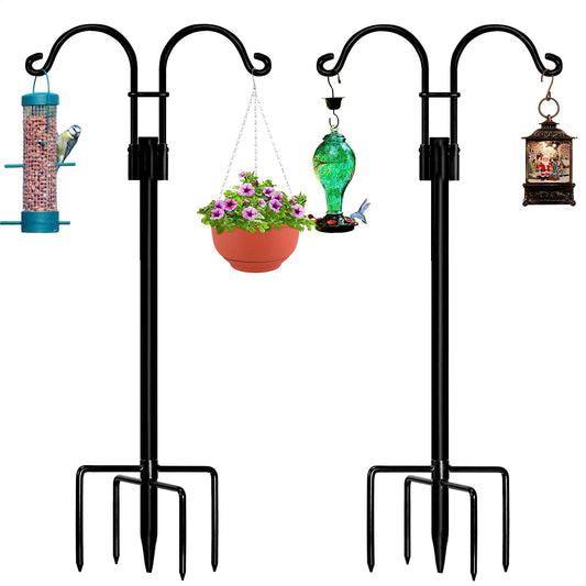 STAUKOK Double Shepherds Hooks for Outdoor, 2 Pack 76 Inch Bird Feeder Pole with 5 Prongs Base, Heavy Duty Garden Hook for Hanging Plant, Lantern, Hummingbird Feeder