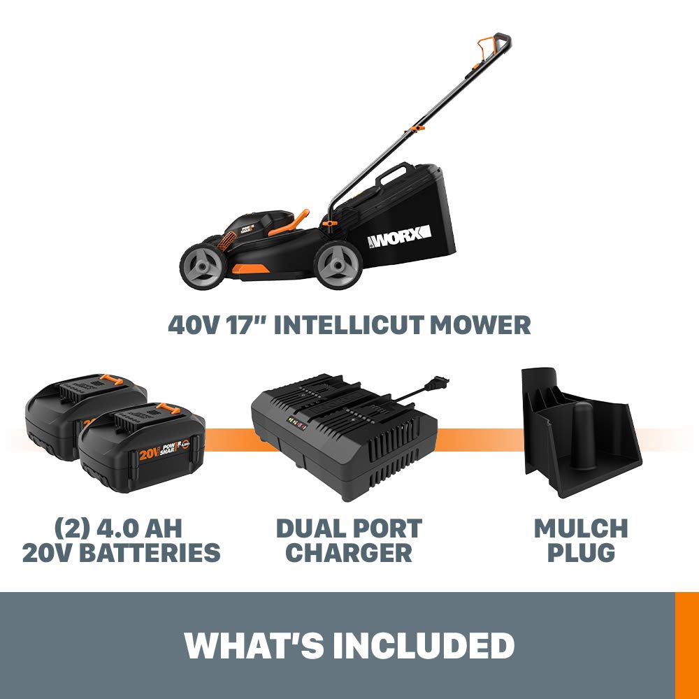 Worx 40V 17" Cordless Lawn Mower for Small Yards, 2-in-1 Battery Lawn Mower Cuts Quiet, Compact & Lightweight Push Lawn Mower with 7-Position Height Adjustment – 2 Batteries & Charger Included