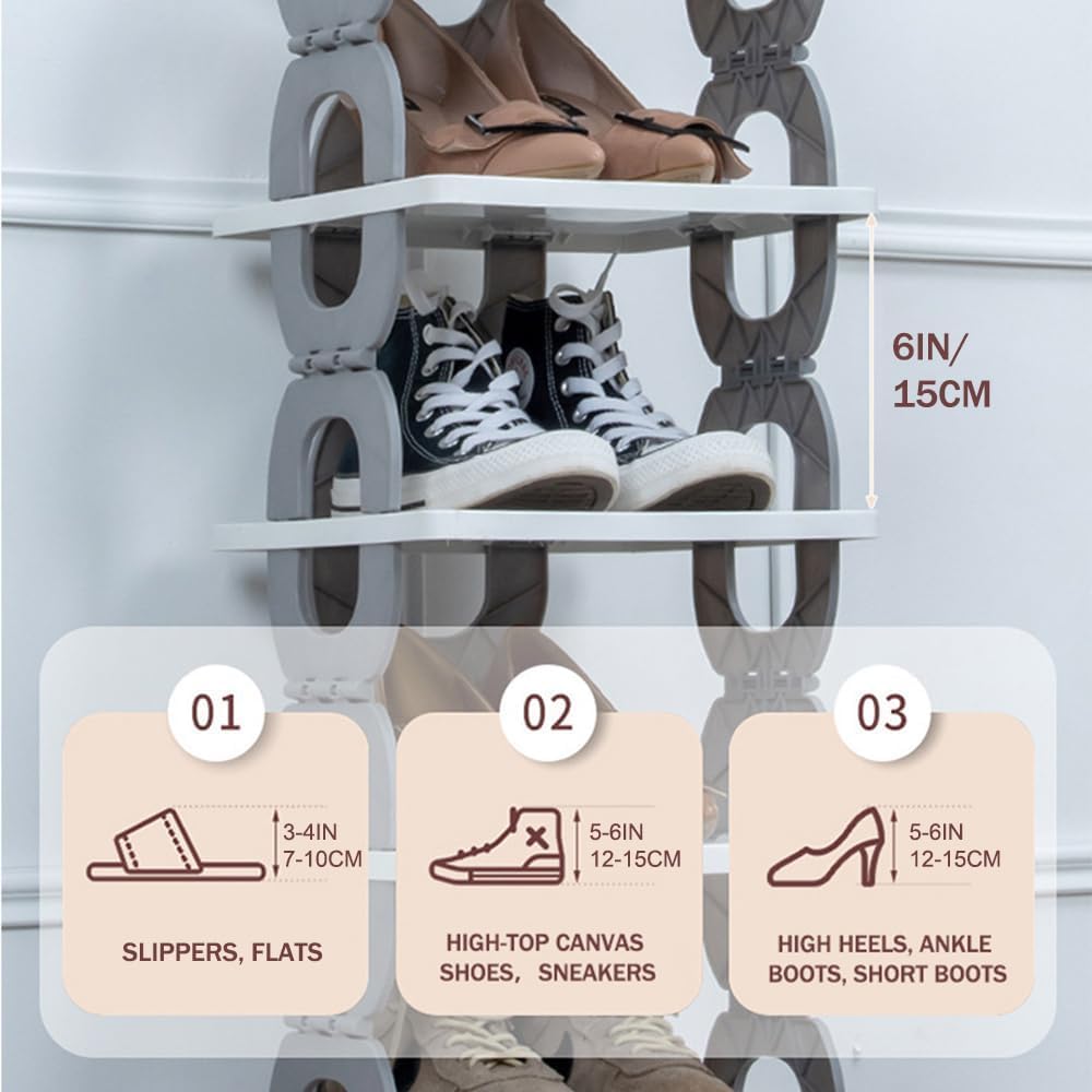 6-Tier Simple Vertical Shoe Organizer, Foldable Shoe Rack without Assembly, Flexible Narrow Shoe Rack K-Shape Collapsible Shoe Tower, Corner Shoe Rack, Easy Assembly and Stable in Structure