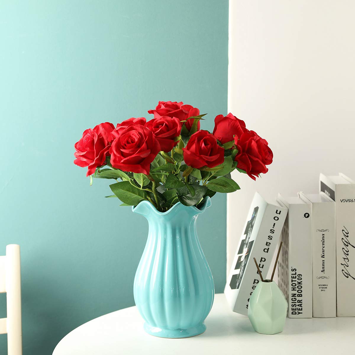 Hawesome 12PCS Artificial Silk Flowers Realistic Roses Bouquet Long Stem for Home Wedding Decoration Party A-Red