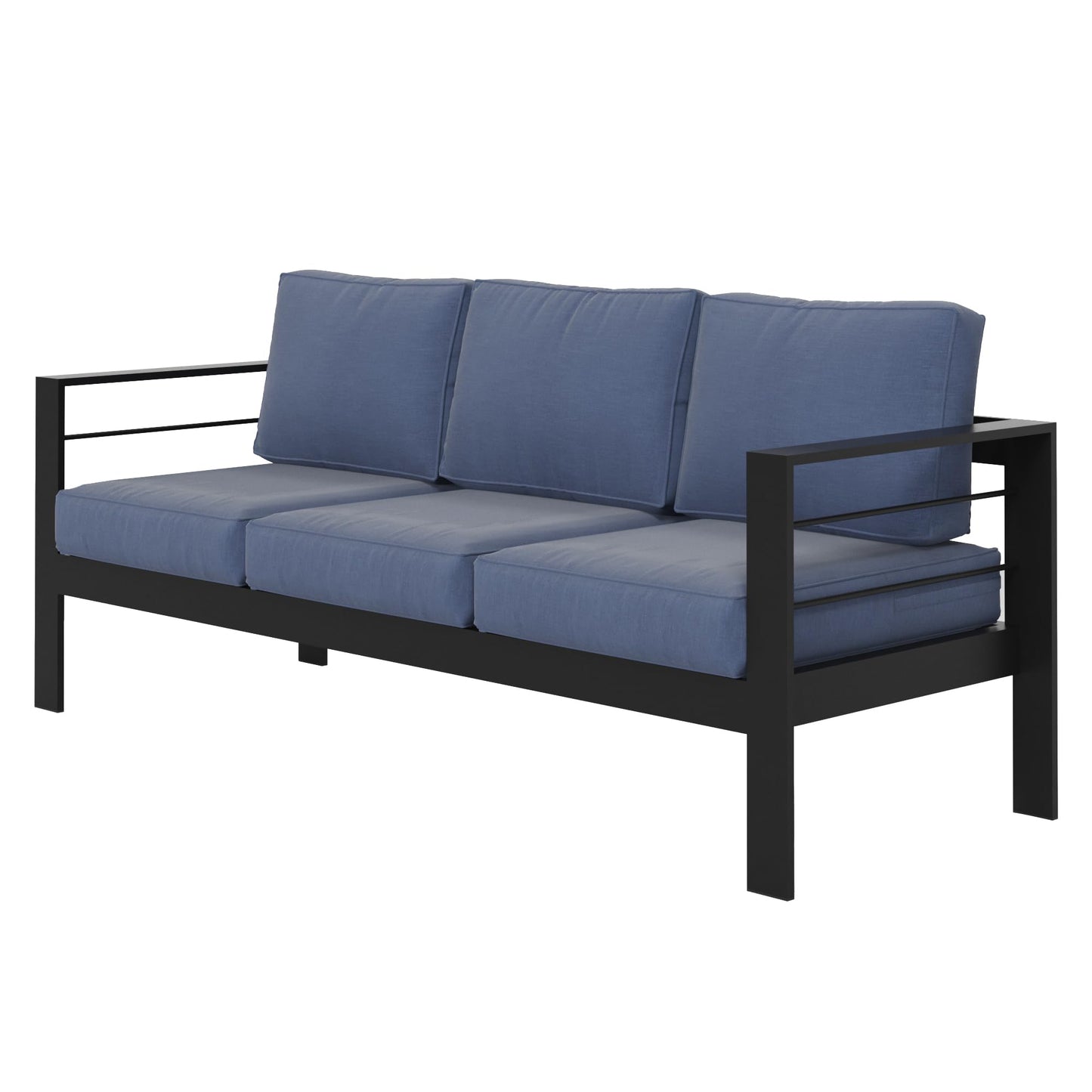 Wisteria Lane Patio Furniture Aluminum Sofa, All-Weather Outdoor 3 Seats Couch, Black Metal Chair with Blue Cushions