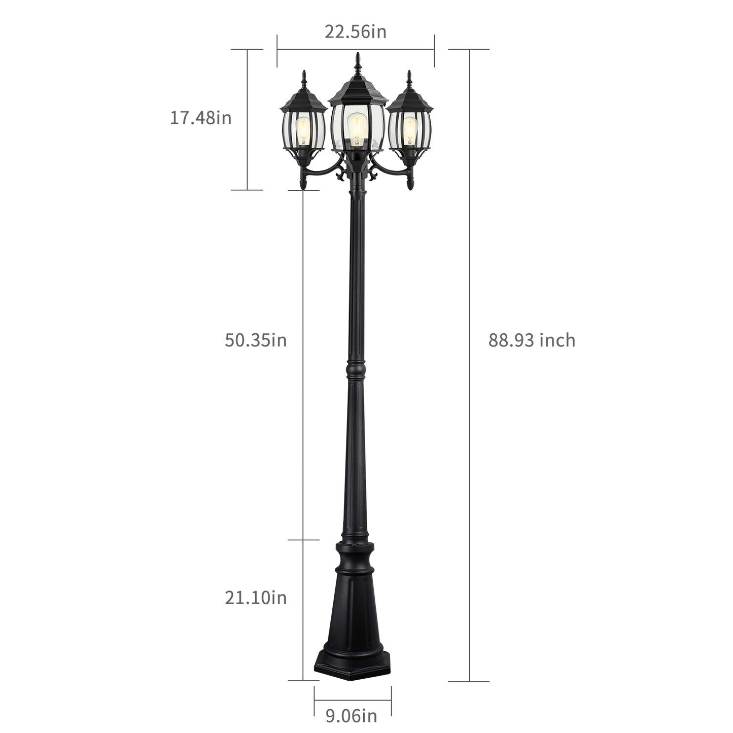 PARTPHONER Outdoor Lamp Post Light 3-Head, Classic Black Light Pole with Clear Glass Panels, E26 Base Maximum 100W (3 LED Bulbs Included), Waterproof Street Light for Backyard, Garden, Driveway