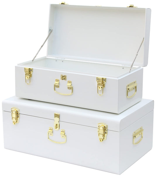 Vixdonos Decorative Metal Box Storage Trunks Set of 2 College Dorm Chest with Lock Hole,23.7X14.2X9.5 Inches(White)