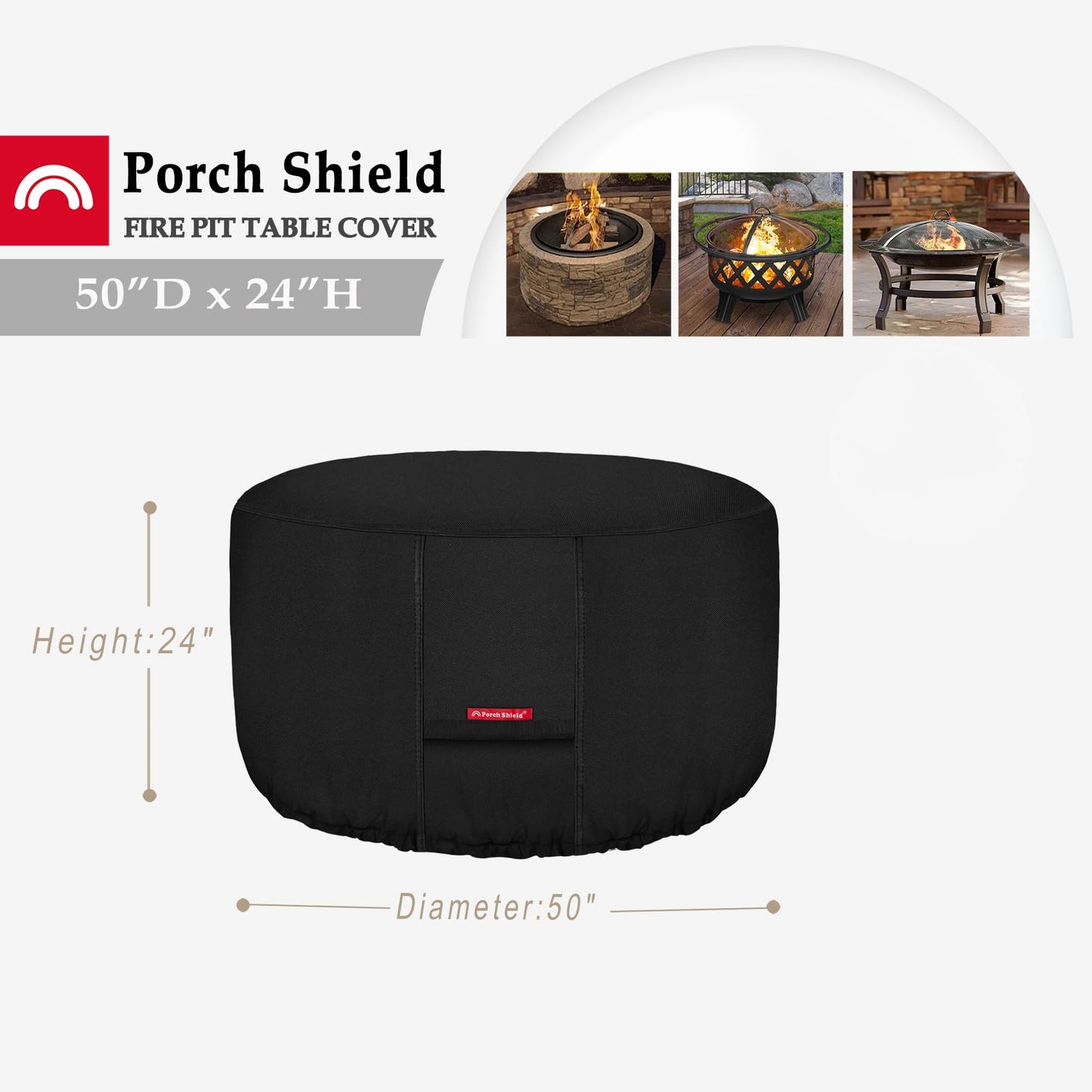 Porch Shield Fire Pit Cover - Waterproof 600D Heavy Duty Fade Resistant Round Patio Fire Bowl Cover Black - 50 inch