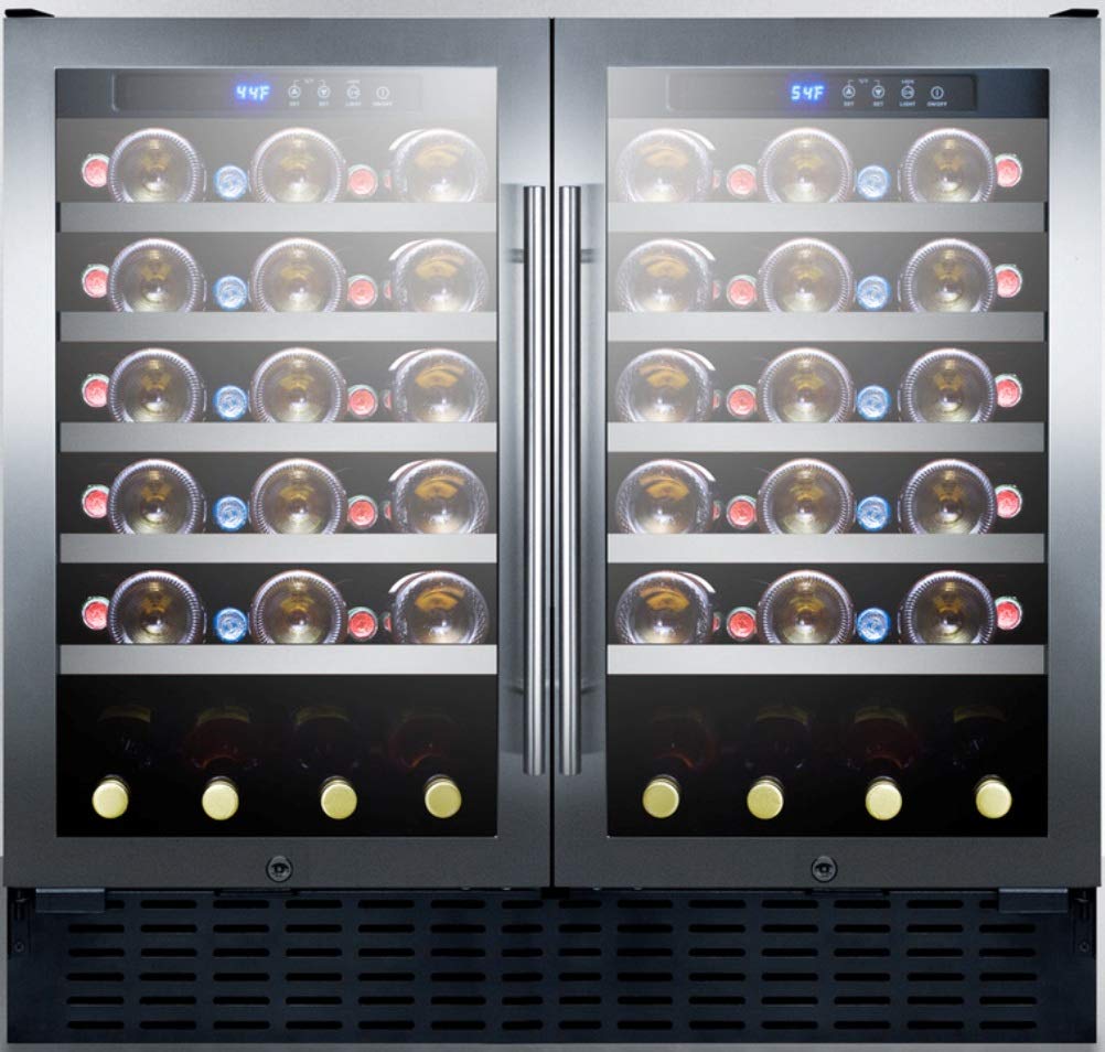 Summit SWC3668 36" Undercounter Dual Zone Wine Cooler with 68 Bottle Capacity LED Lighting Digital Thermostat Factory Installed Locks in Stainless
