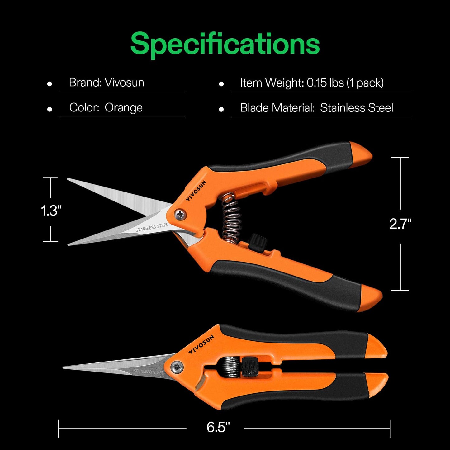 VIVOSUN 6.5 Inch Gardening Scissors Hand Pruner Pruning Shear with Straight Stainless Steel Blades Orange 1-Pack