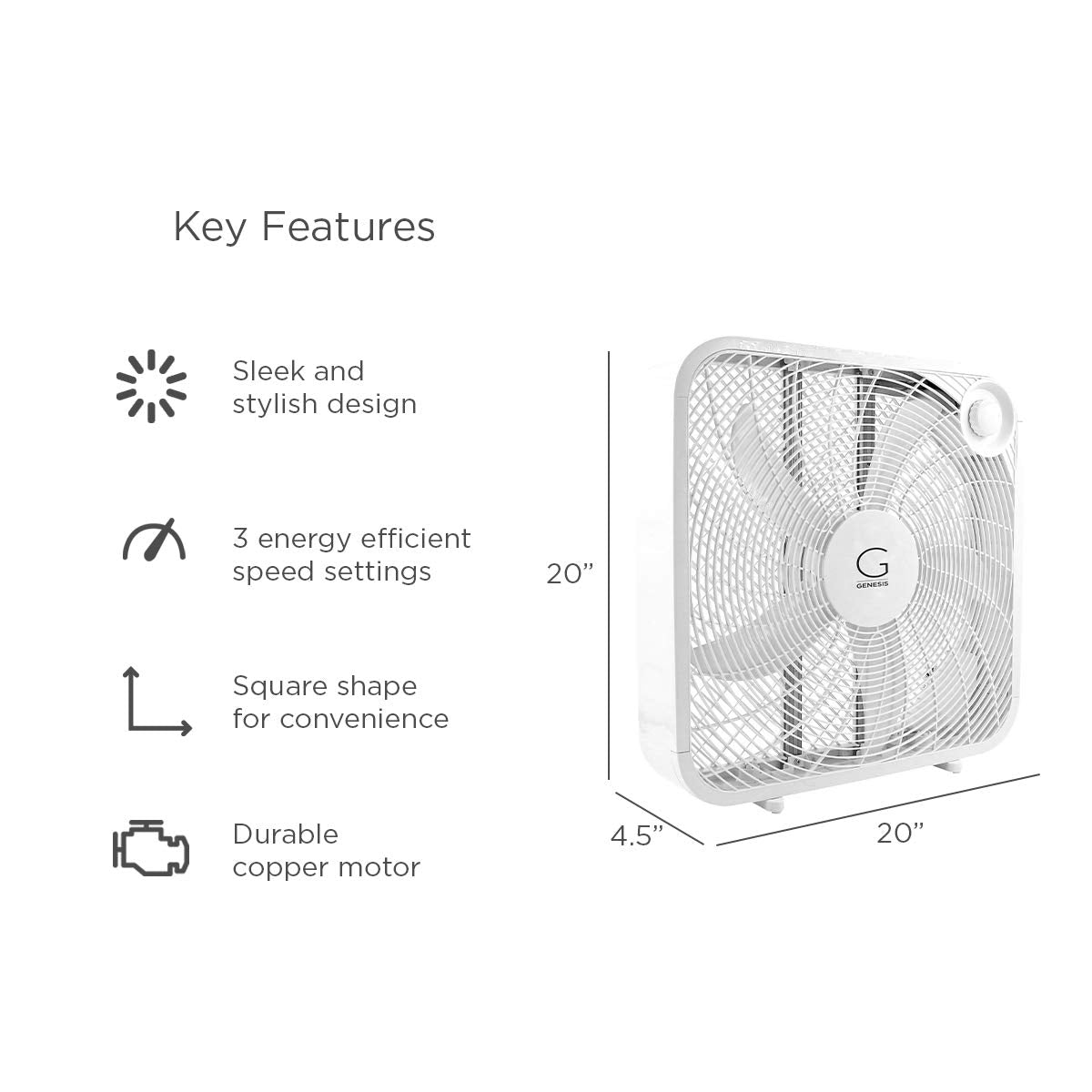 Genesis 20" Box Fan, 3 Settings, Max Cooling Technology, Carry Handle, White (G20BOX-WHT)