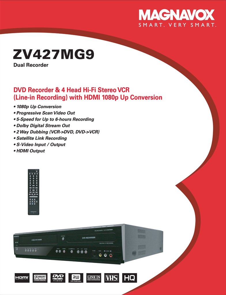 Magnavox ZV427MG9 DVD Recorder/VCR Combo, HDMI 1080p Up-Conversion, No Tuner