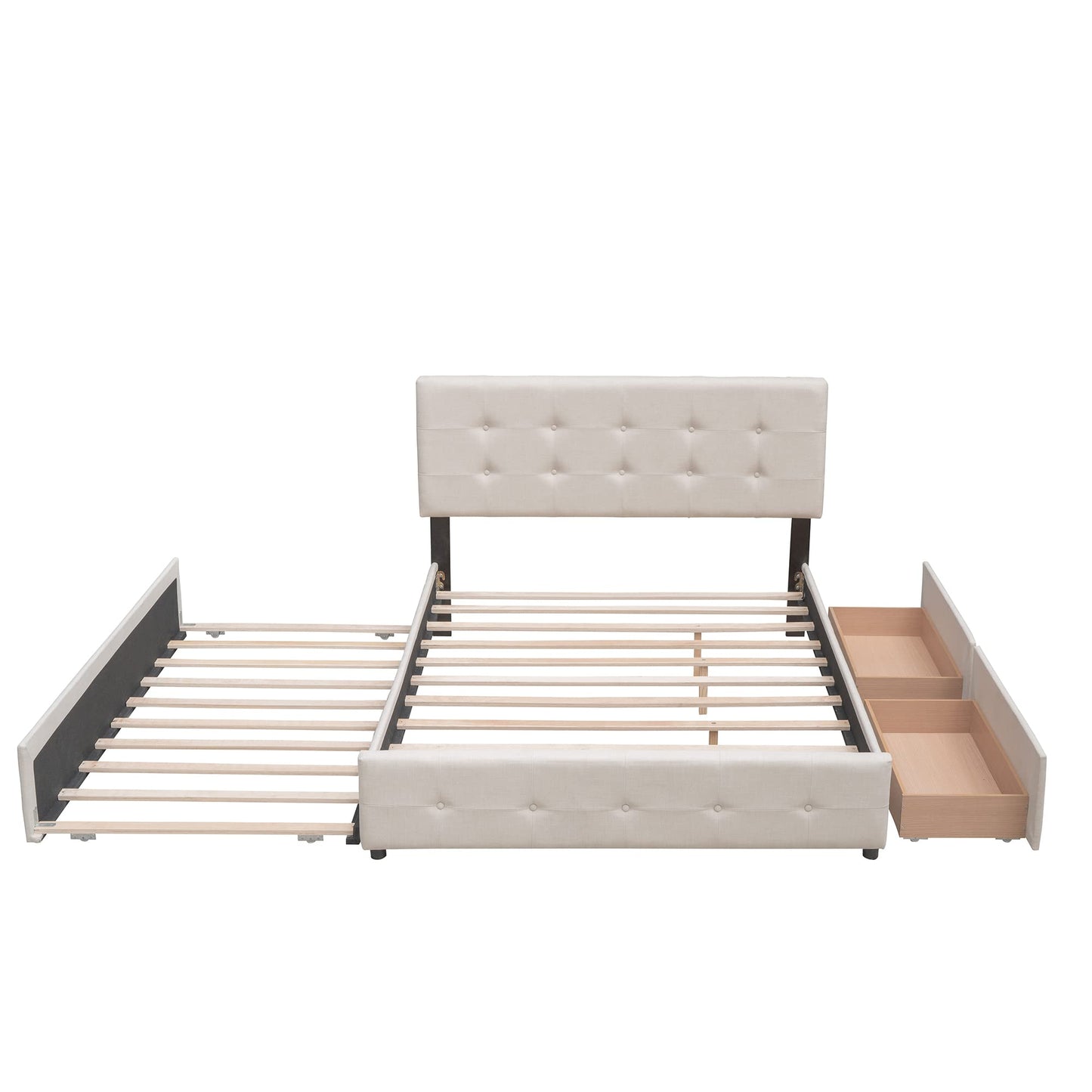 BIADNBZ Queen Size Upholstered Platform Bed with Twin XL Trundle and 2 Storage Drawers Underneath, Linen Fabric Low Bedframe with Wood Slat, for Bedroom, Dark Beige