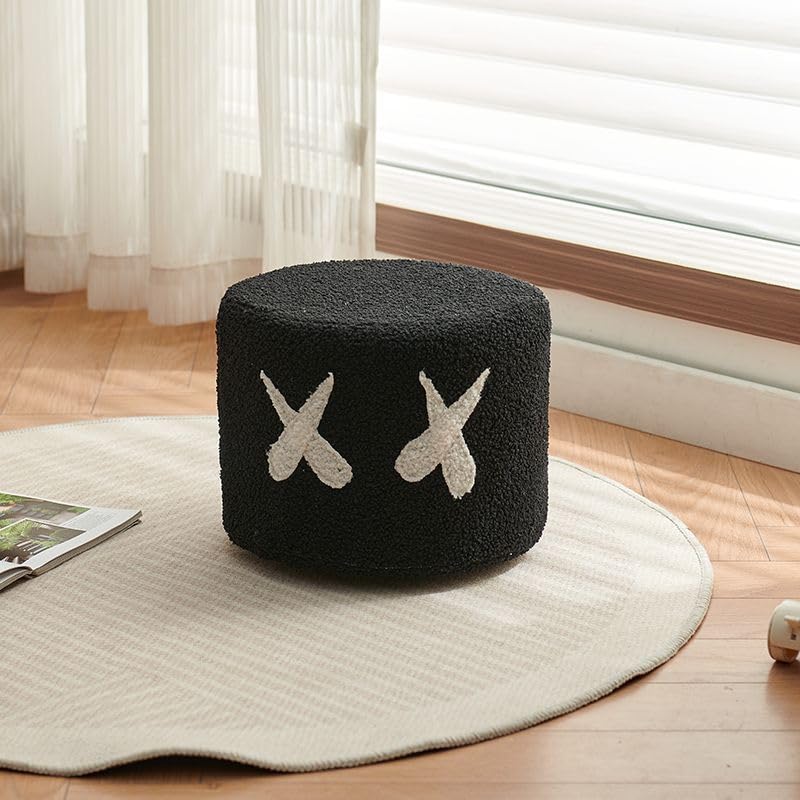 Lumosky Cute Round Stool Ottoman, Home Lamb Plush Living Room Cartoon Cute, Entrance Shoe-Changing Cream Stool,Living Room,Bedroom,Balcony Game,Desk,Playing Room (Black Eyes)